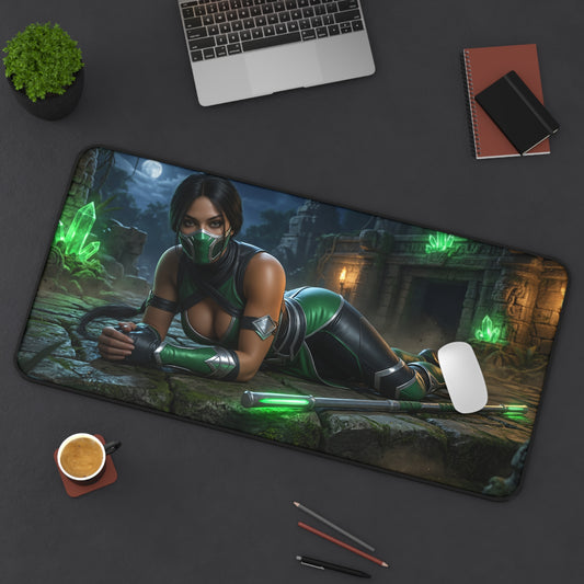 Jade Gaming Mouse Pad, Mortal Kombat Desk Mat, Edenian Warrior Gaming Setup showcasing Jade artwork on a premium large gaming desk mat