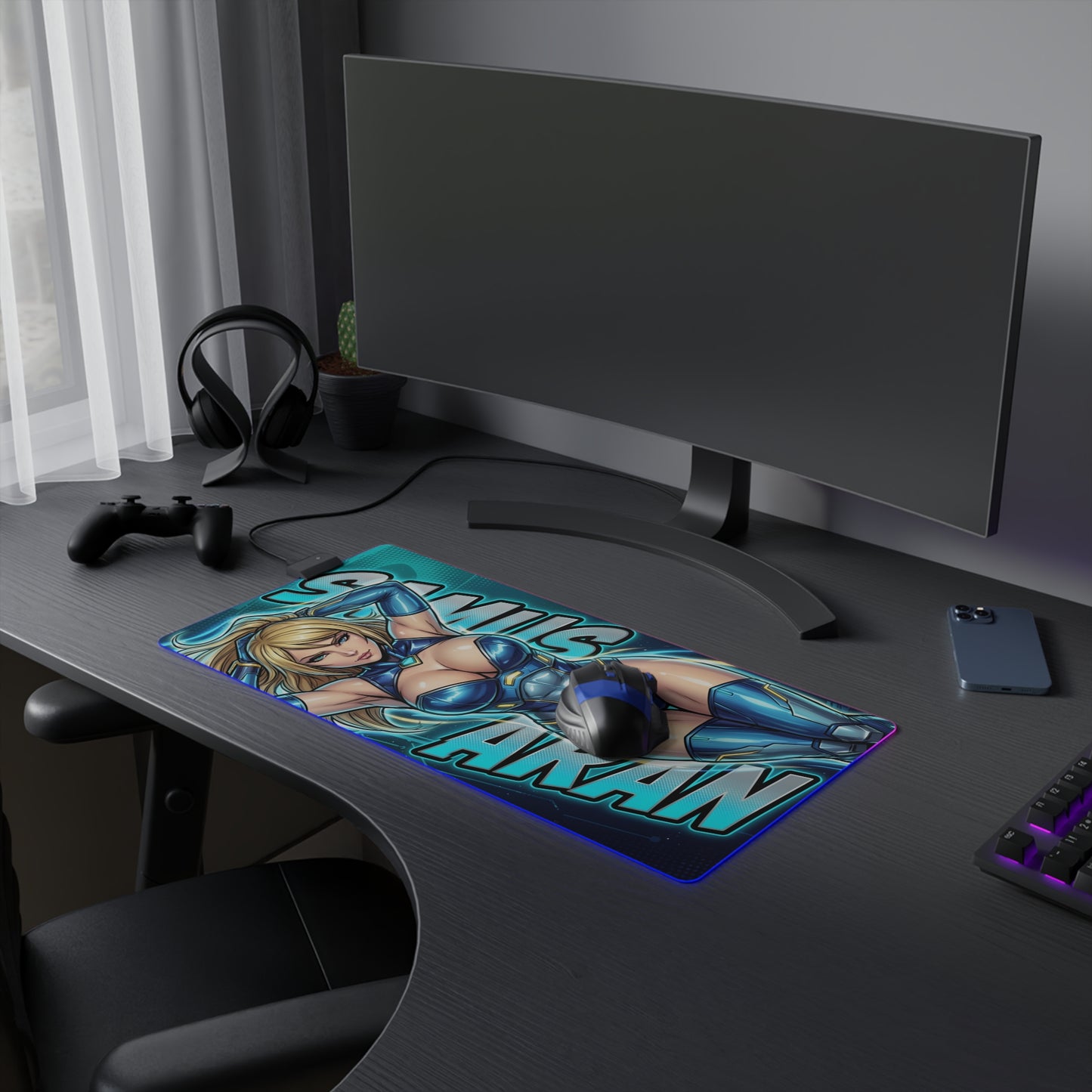 Samus Aran RGB Desk Mat, Sci-Fi Action Gaming Mouse Pad, LED Desk Mat for Gamer Setup - blue armor artwork on RGB LED gaming desk