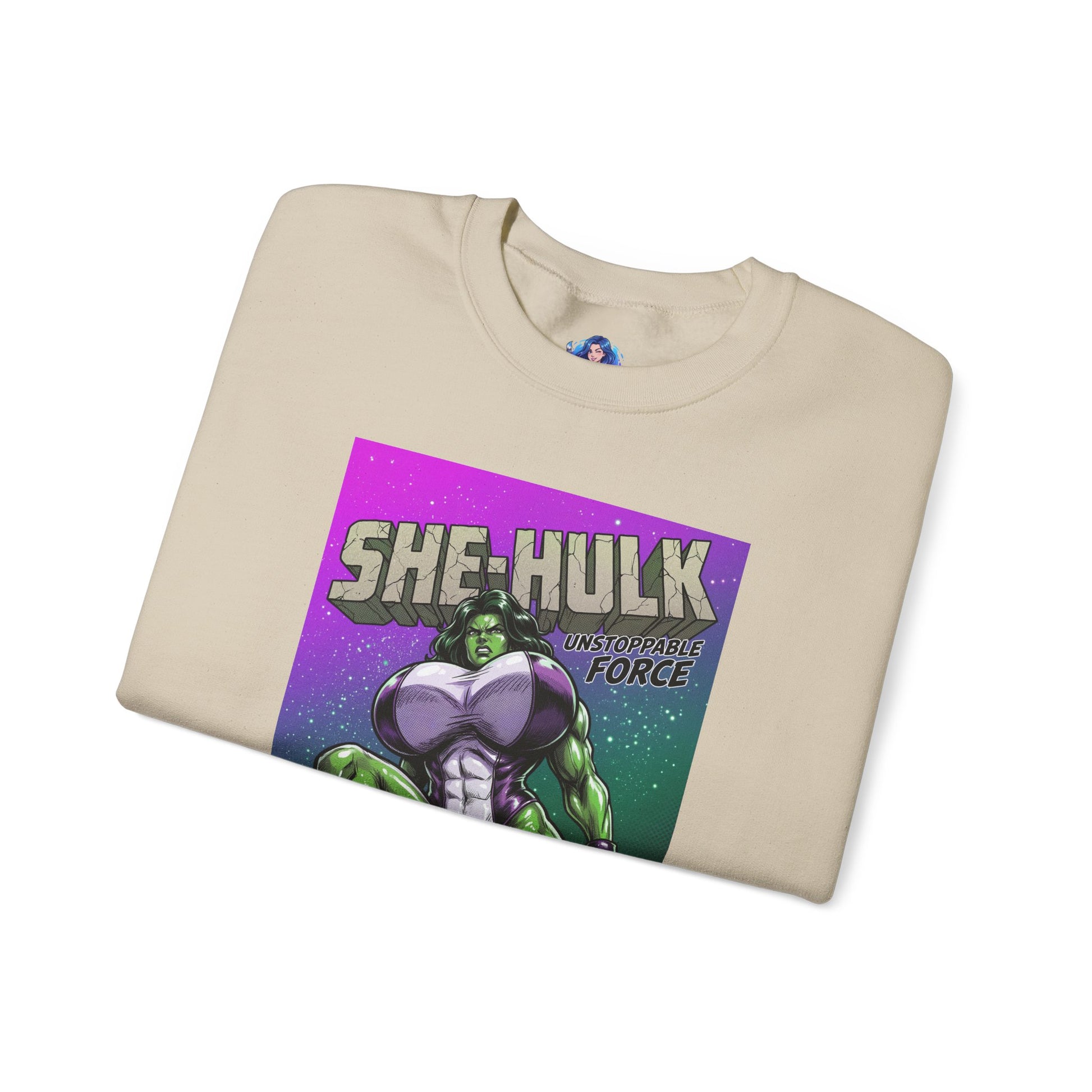 She-Hulk Sweatshirt, Comic Character Art, Premium Fan Apparel - folded cream crewneck featuring vivid green She-Hulk illustration and bold comic text