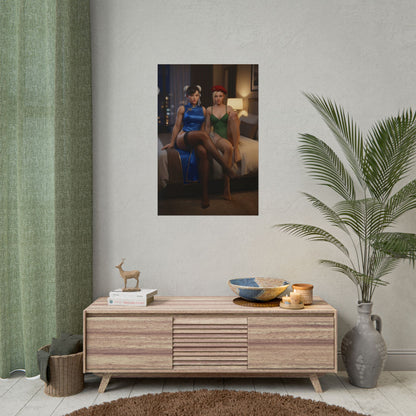 Chun-Li and Cammy White Poster, Street Fighter Art Print – Arcade Wall Art hanging above a modern gaming room console, character-focused arcade fighter wall decor