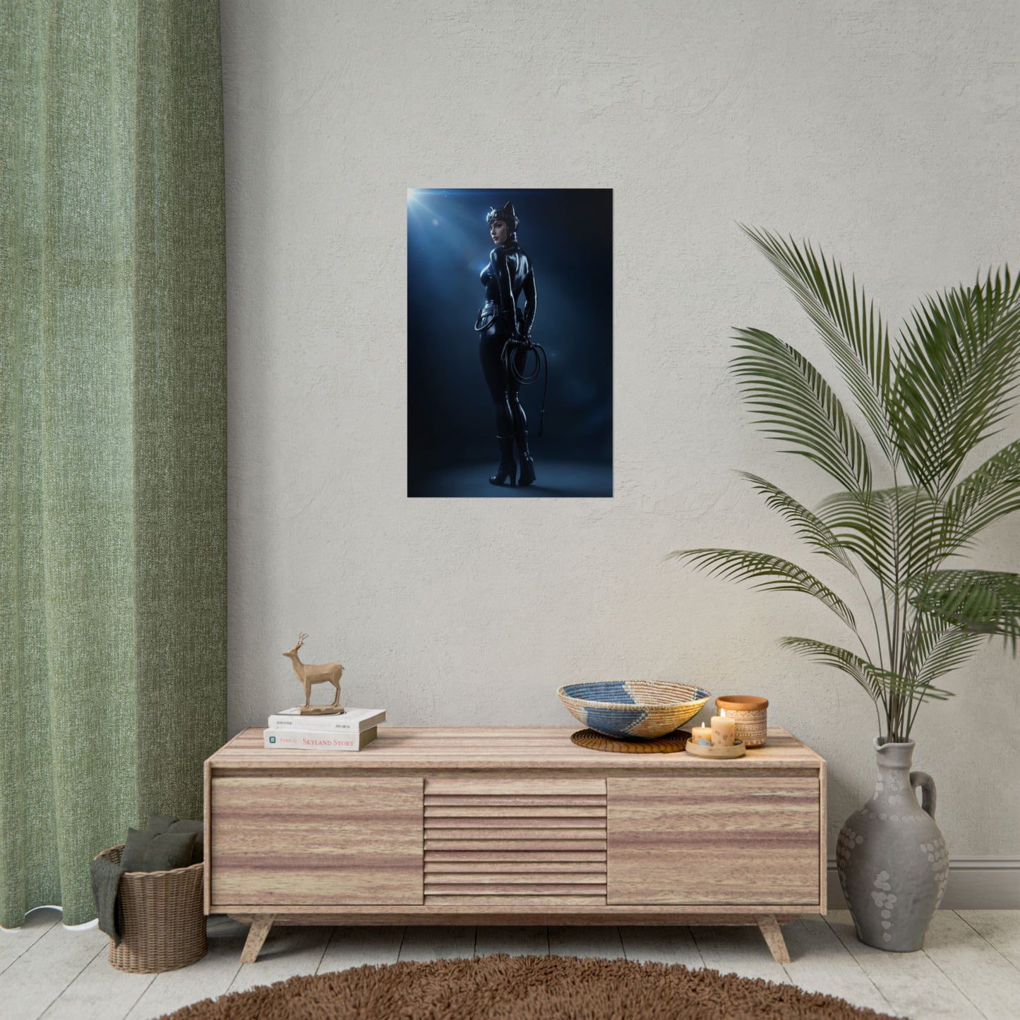 Black Cat Marvel Poster – Iconic Comic Anti-Heroine Wall Art Decor shown as framed poster in minimalist living room display