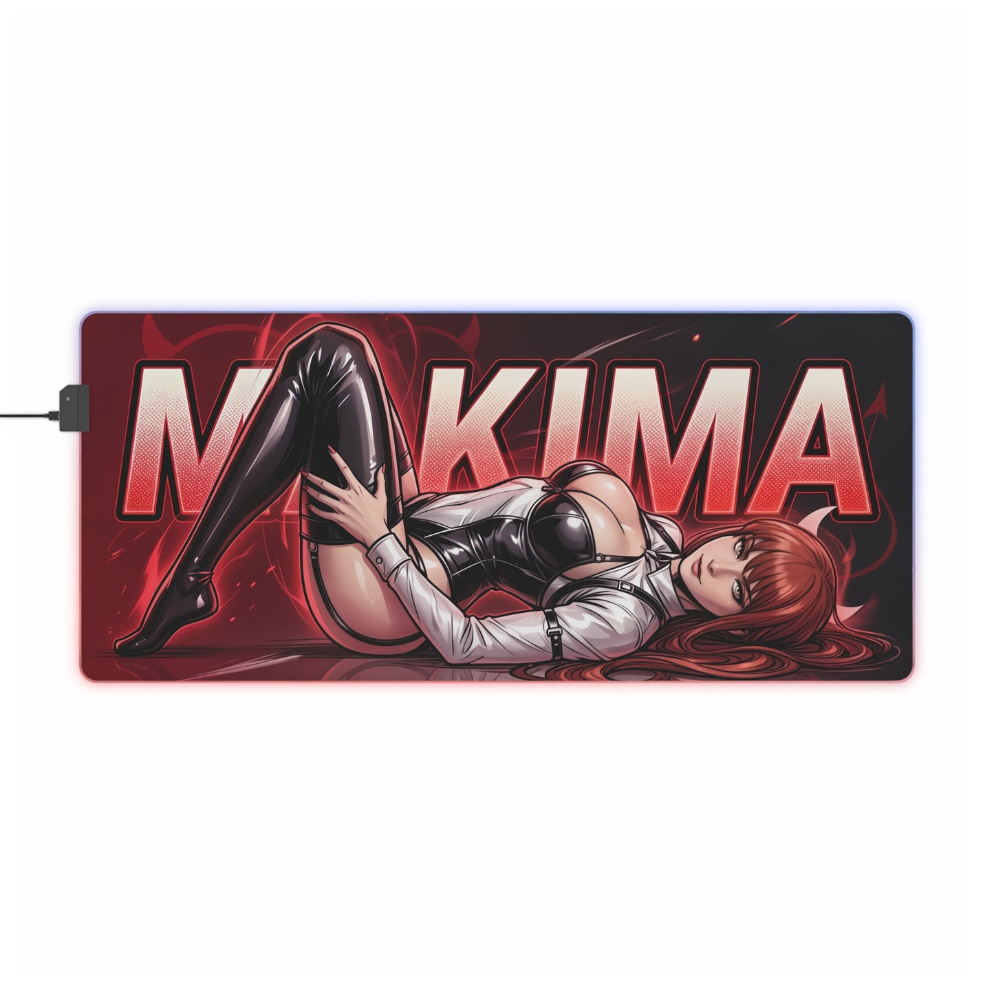 Makima RGB Desk Mat, Chainsaw Man Gaming Mouse Pad, LED Desk Mat for Anime Setup featuring Makima reclining in red-black artwork with RGB edge lighting