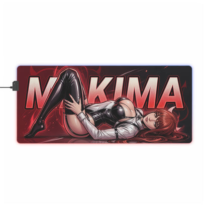 Makima RGB Desk Mat, Chainsaw Man Gaming Mouse Pad, LED Desk Mat for Anime Setup featuring Makima reclining in red-black artwork with RGB edge lighting