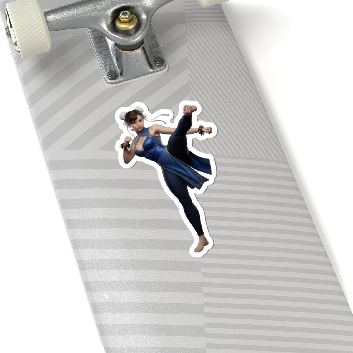 Chun-Li Sticker – Street Fighter Vinyl Sticker for Laptops & Indoor Decor on skateboard deck, glossy durable vinyl, crisp colorful print
