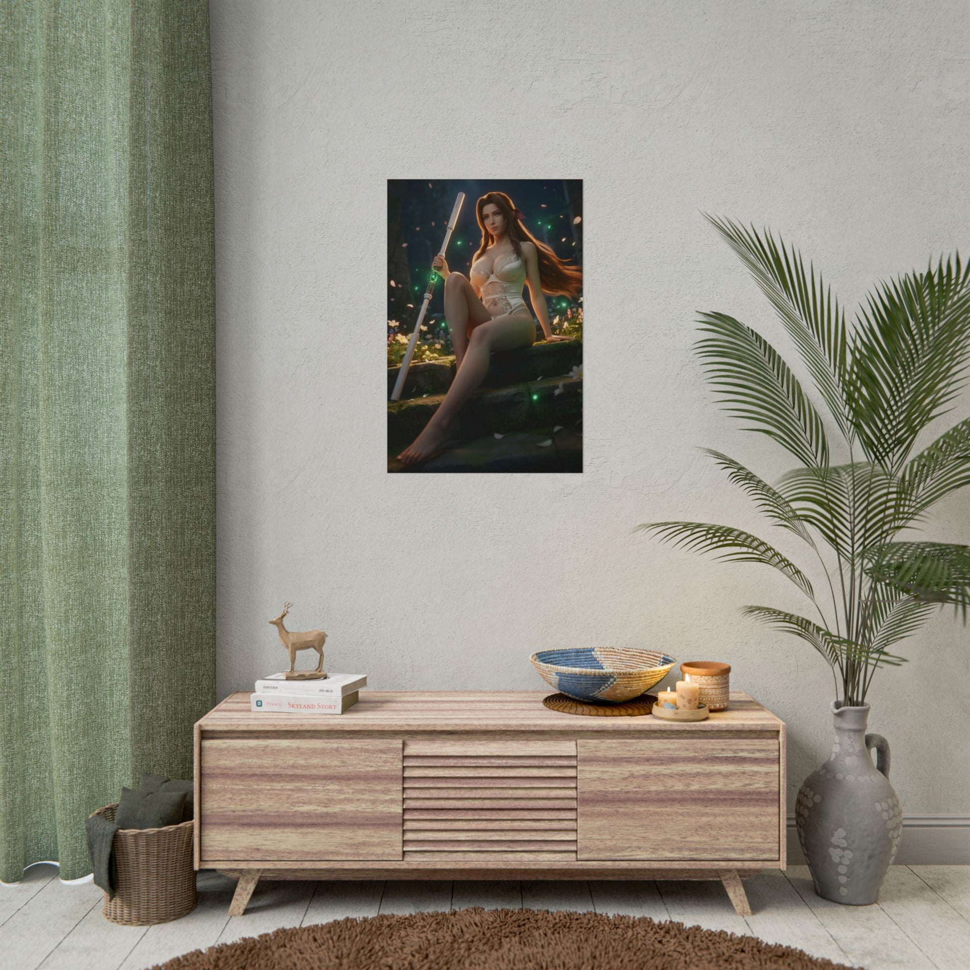 Aerith Gainsborough Poster / Aerith Wall Art / Aerith Art Print / Final Fantasy VII Poster - moonlit portrait of Aerith with staff and floating petals