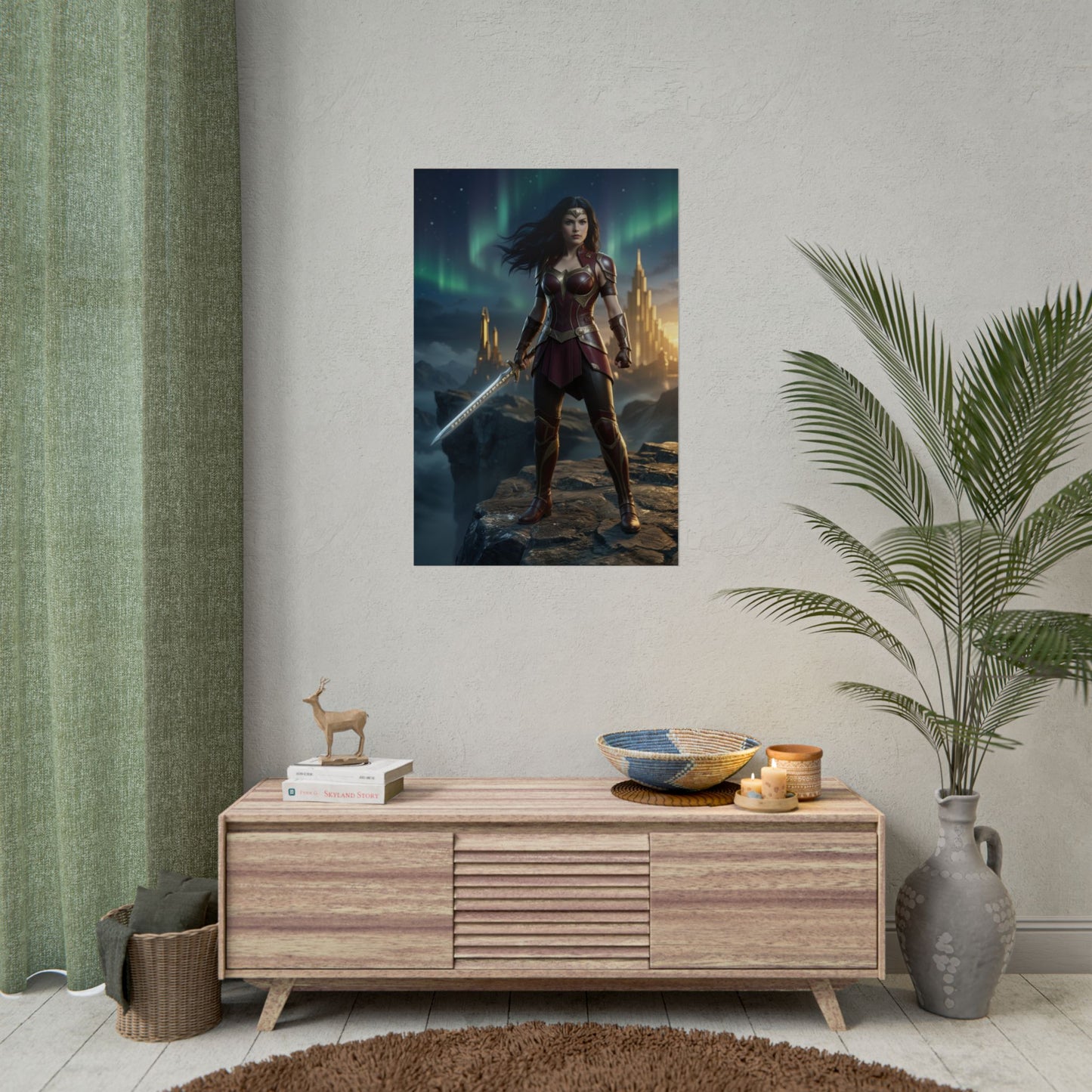 Lady Sif Poster, Marvel Art Print – Asgardian Warrior Wall Art showing armored female warrior with sword standing on rocky cliff under northern lights, framed in modern game room decor