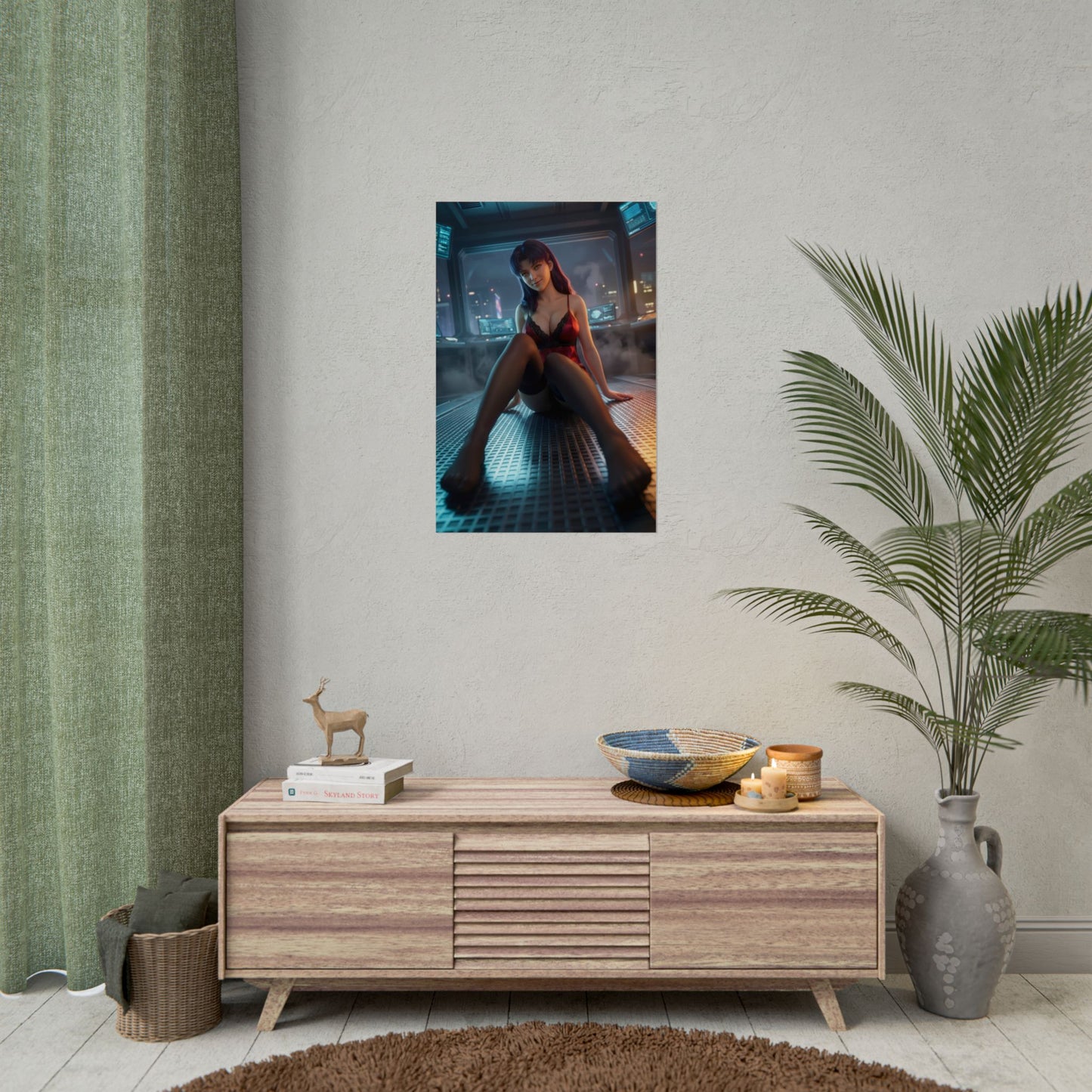Misato Katsuragi Poster / Misato Katsuragi Wall Art / Misato Katsuragi Art Print / Evangelion Poster - cinematic Misato in futuristic interior, relaxed confident pose