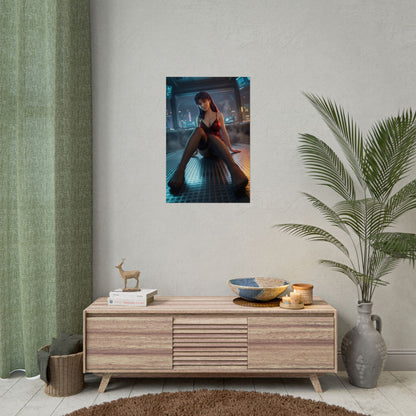 Misato Katsuragi Poster / Misato Katsuragi Wall Art / Misato Katsuragi Art Print / Evangelion Poster - cinematic Misato in futuristic interior, relaxed confident pose