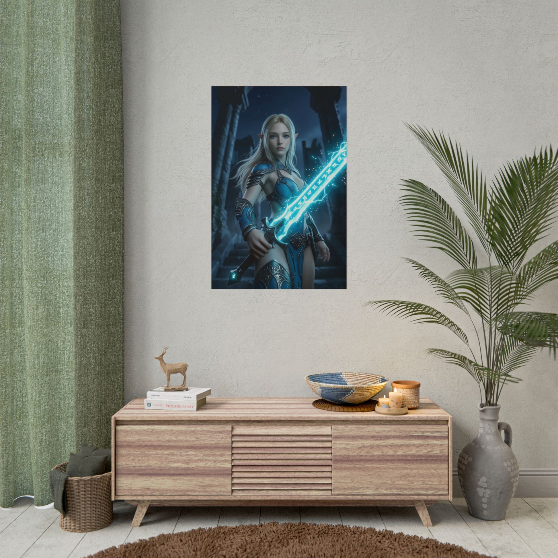 Princess Poster Fantasy  Wall Art Print Gaming Room Decor of heroine with glowing sword in mystical ruin, cinematic lighting and magical energy