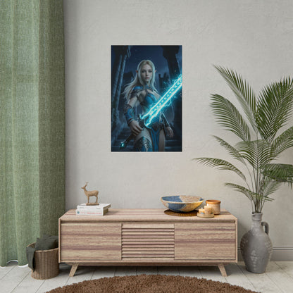 Princess Poster Fantasy  Wall Art Print Gaming Room Decor of heroine with glowing sword in mystical ruin, cinematic lighting and magical energy