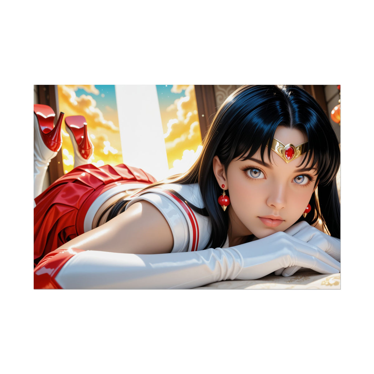 Sailor Mars Poster | Anime Waifu Wall Art for Fire Guardian Decor - high-res Sailor Mars reclining with shrine maiden grace and fiery determination