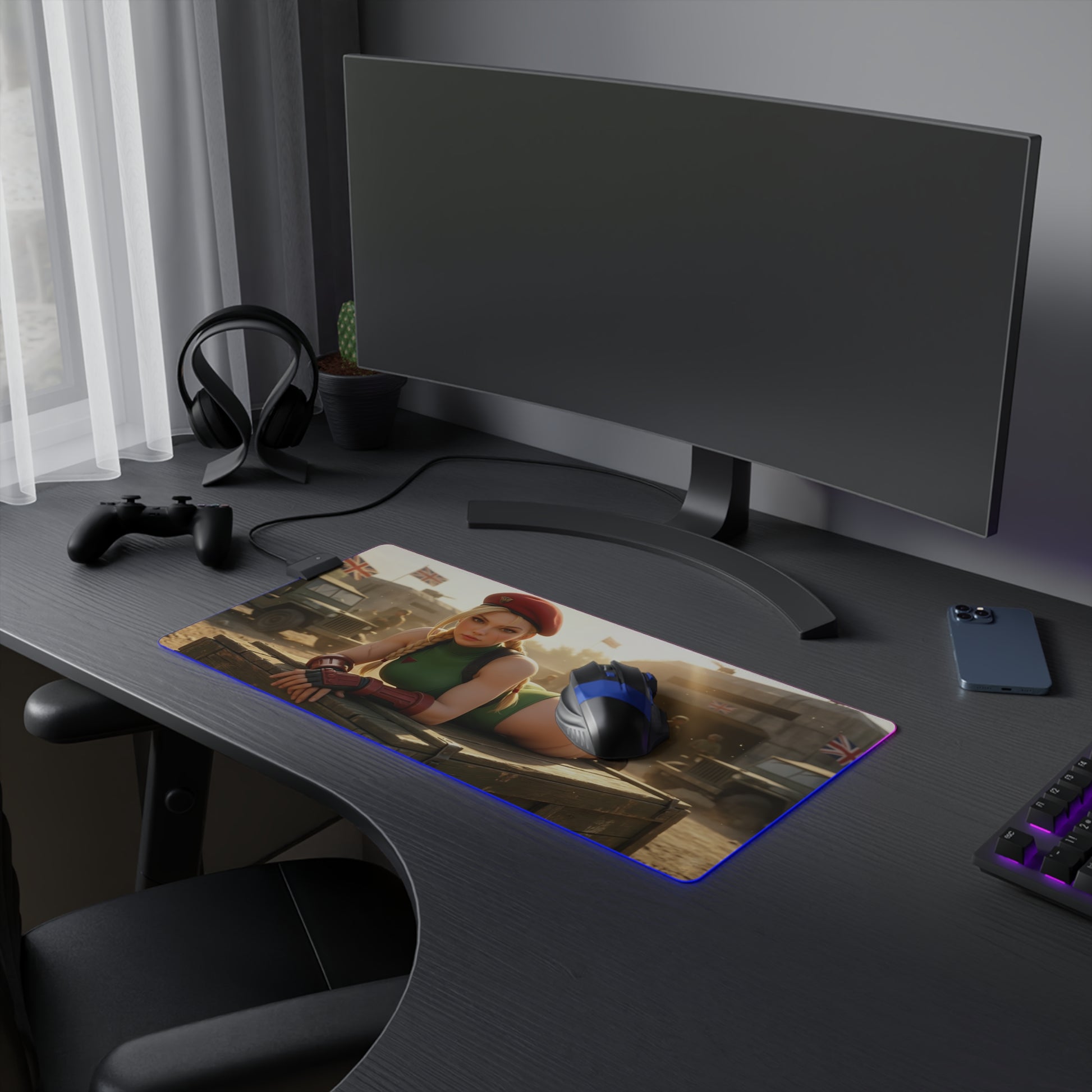 Cammy White Desk Mat – LED RGB Pad, Waifu Fighter Anime Girl Setup on gaming desk with mouse, headset, controller and monitor