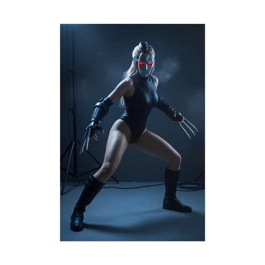 Decapre Poster, Street Fighter Art Print – Iconic Fighting Game Heroine, dynamic assassin-style heroine with mask, red eyes and clawed gauntlets