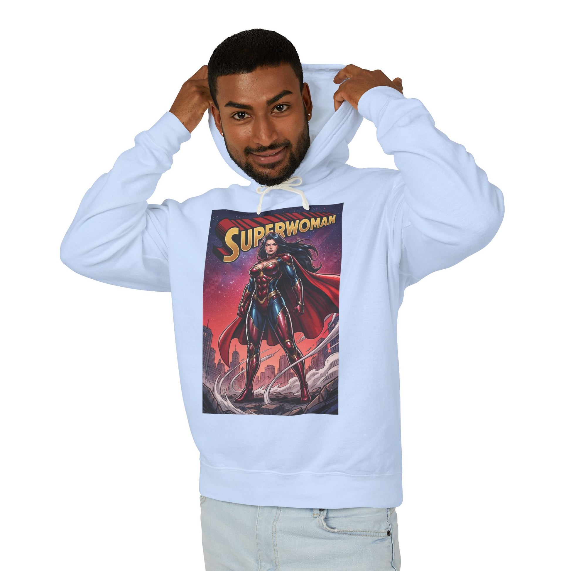 Superwoman Hoodie | DC Superhero Hoodie | Power Unleashed Pullover — model wearing light-blue pullover with bold Superwoman comic-art print