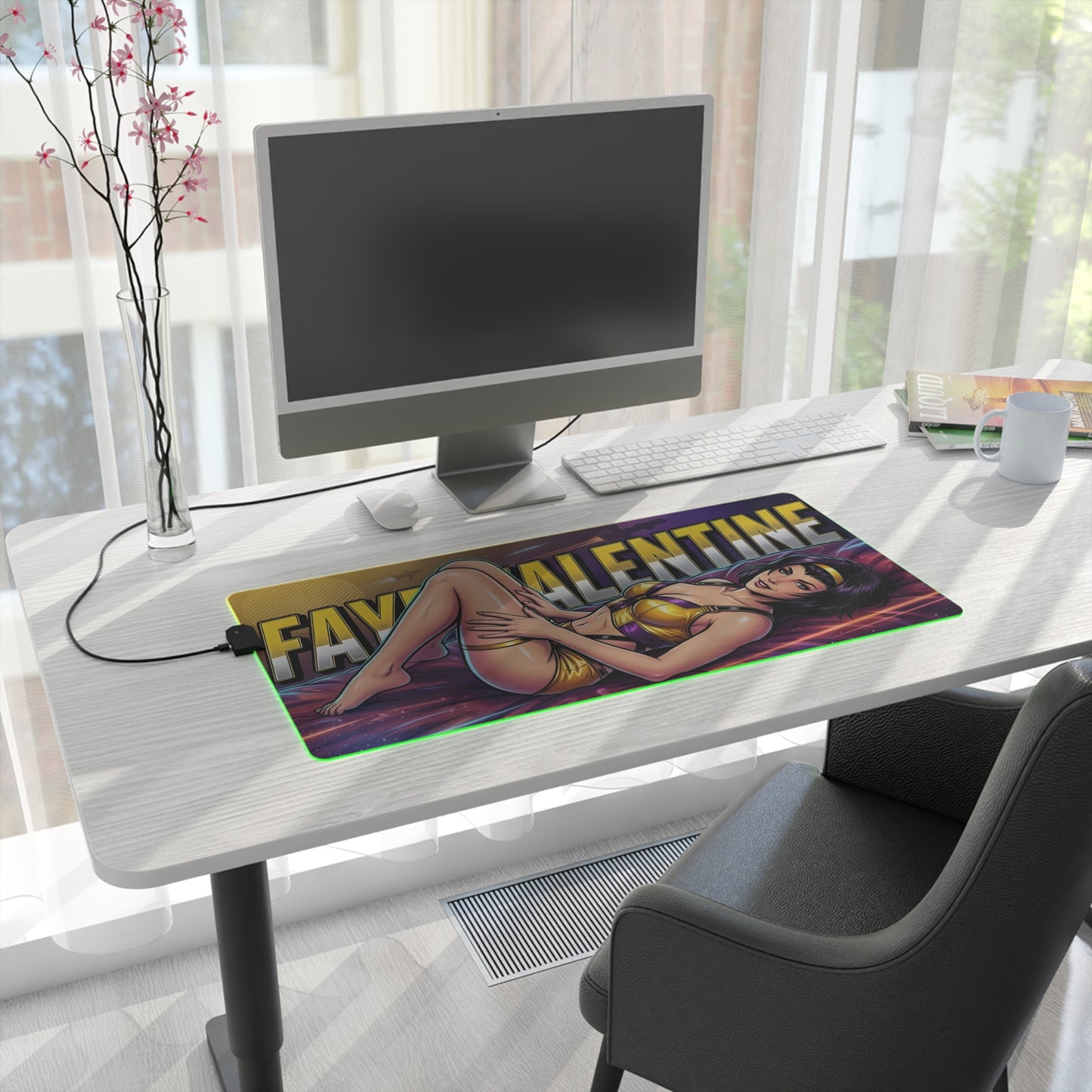 Faye Valentine RGB Desk Mat, Cowboy Bebop Gaming Mouse Pad, LED Desk Mat for Gamer Setup showcasing vibrant anime artwork on a modern white desk