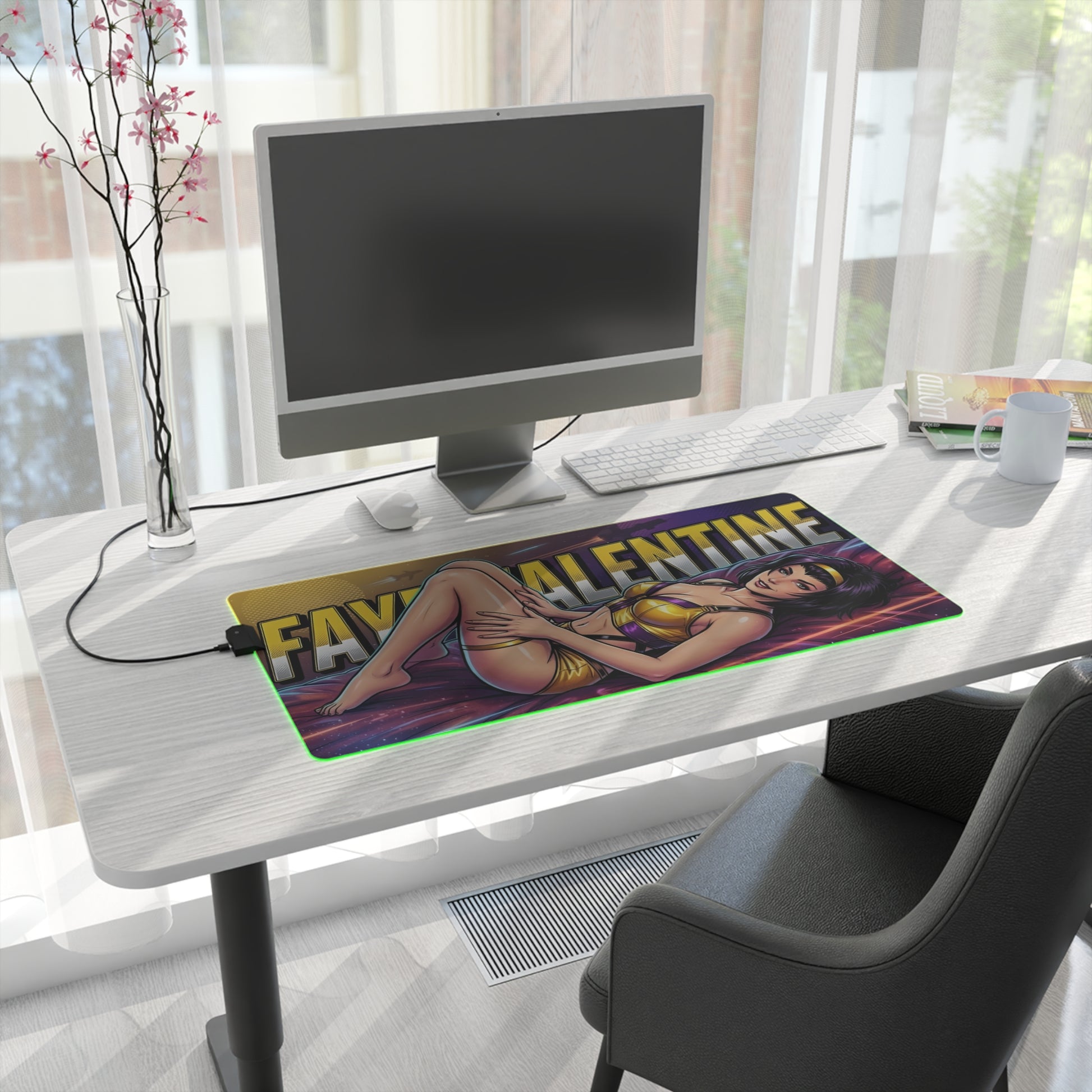 Faye Valentine RGB Desk Mat, Cowboy Bebop Gaming Mouse Pad, LED Desk Mat for Gamer Setup showcasing vibrant anime artwork on a modern white desk