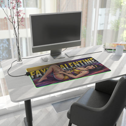 Faye Valentine RGB Desk Mat, Cowboy Bebop Gaming Mouse Pad, LED Desk Mat for Gamer Setup showcasing vibrant anime artwork on a modern white desk