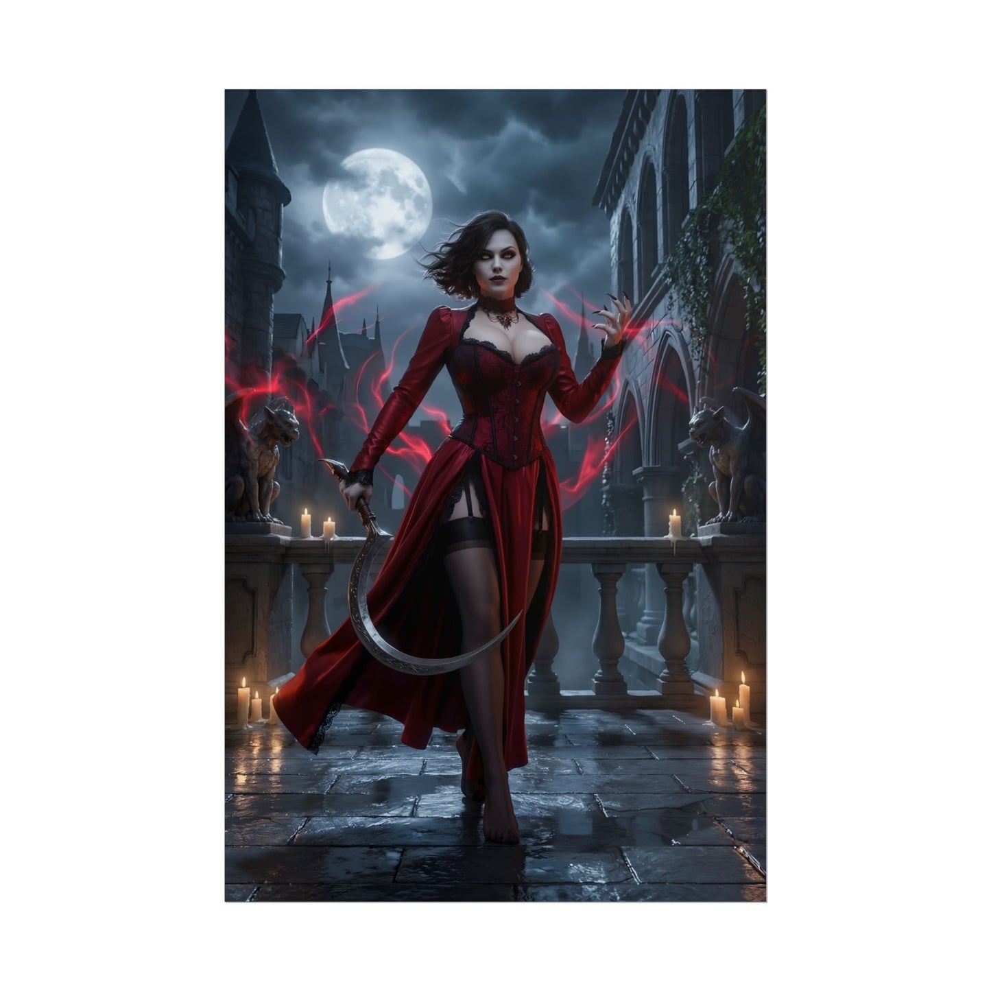 Lady Dimitrescu Poster / Lady Dimitrescu Wall Art / Lady Dimitrescu Art Print / Resident Evil Poster – gothic moonlit Lady Dimitrescu in crimson dress on castle balcony