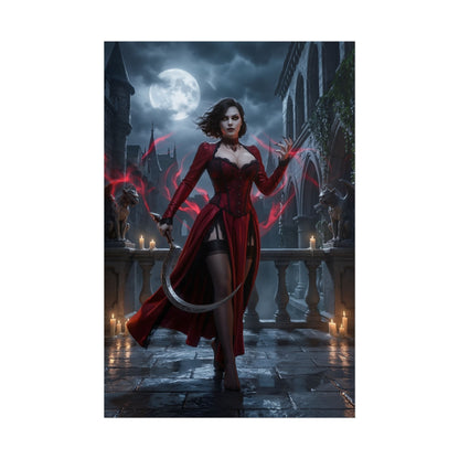 Lady Dimitrescu Poster / Lady Dimitrescu Wall Art / Lady Dimitrescu Art Print / Resident Evil Poster – gothic moonlit Lady Dimitrescu in crimson dress on castle balcony