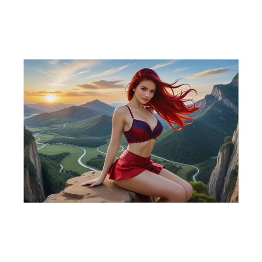 Erza Scarlet Anime Poster | Waifu Wall Art for Magic Warrior Otaku Decor - armored crimson-haired heroine sitting on cliff, high-resolution anime print