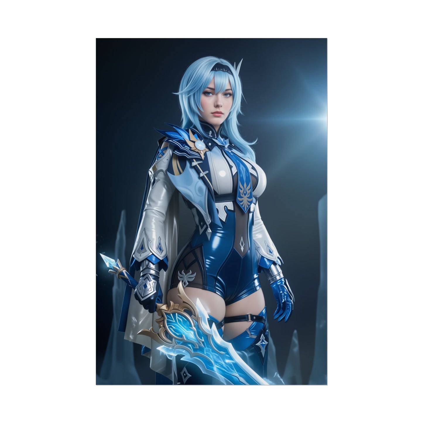 Alt Tag: Eula Poster, Genshin Impact Art Print – Iconic Cryo Heroine Wall Art - detailed blue-haired Cryo heroine holding glowing sword for gamer room decor