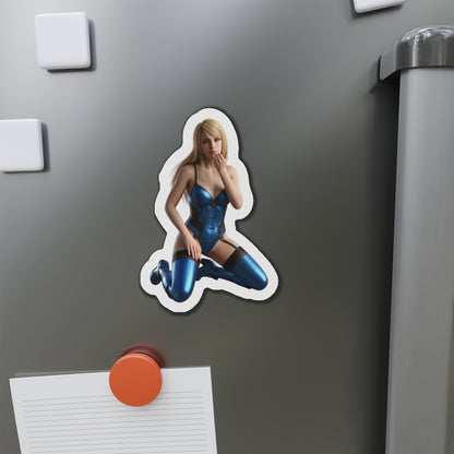 Samus Aran Magnet – Sci-Fi Game Heroine Fridge Magnet, Anime Style Decor: die-cut vinyl magnet of Samus in anime-style blue suit on a fridge