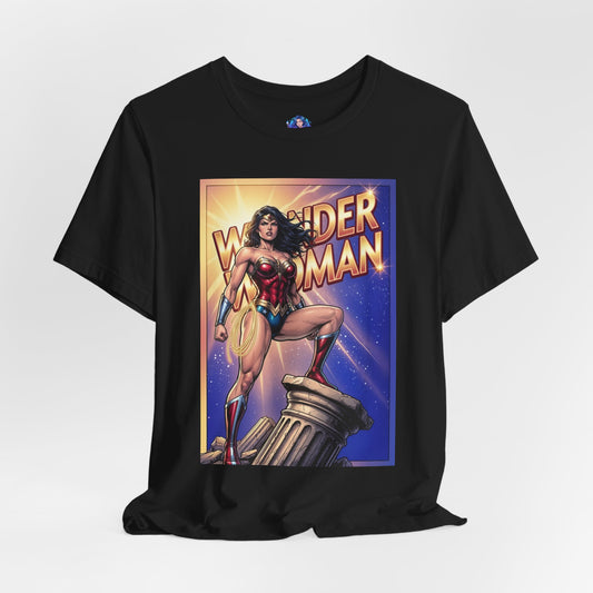 Wonder Woman T-Shirt | DC Comics Anime Tee for Gamers & Fans — comic-style Wonder Woman standing on ruins printed on Bella Canvas 3001 tee