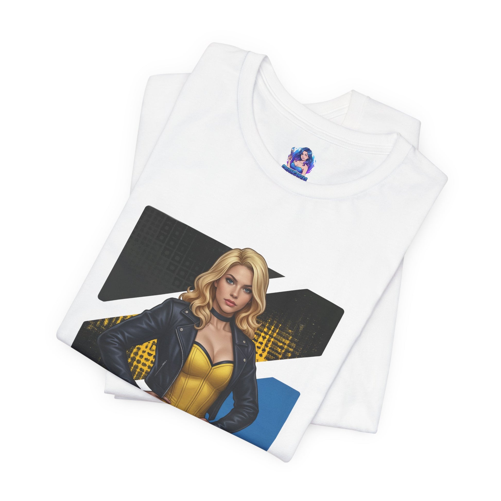 Black Canary T-Shirt | DC Comics Anime Tee for Gamers & Hero Fans folded white Bella Canvas tee with anime-style Black Canary design