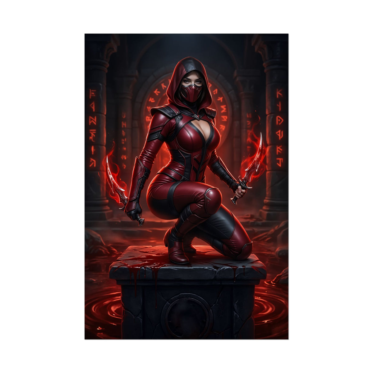 Skarlet Mortal Kombat Poster  Iconic Blood Mage Heroine Wall Art, dark red warrior heroine kneeling with blood magic blades
