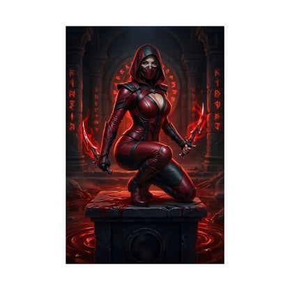 Skarlet Mortal Kombat Poster – Iconic Blood Mage Heroine Wall Art, dark red warrior heroine kneeling with blood magic blades