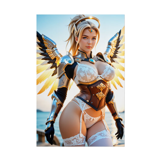 Mercy Poster, Angelic Anime Girl Art Print, Waifu Healer Wall Decor - radiant waifu healer with glowing wings and golden armor, cinematic anime art print