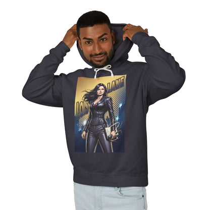 Lois Lane Hoodie | DC Comics Hoodie | Fearless Reporter Pullover — man modeling navy cotton hoodie with Lois Lane graphic