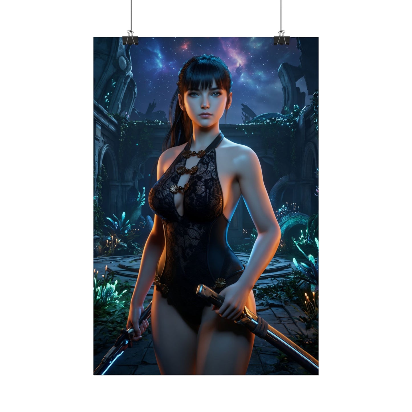 EVE Poster, Stellar Blade Art Print, Iconic Sci-Fi Action Hero - female warrior in futuristic ruin, focused stance with dual blades, gaming room art
