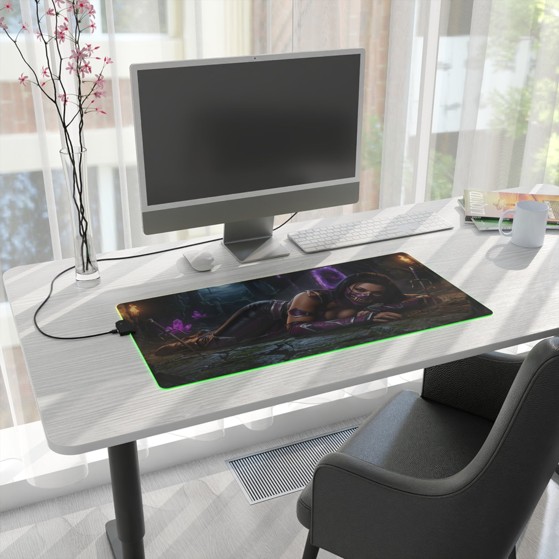 Mileena Desk Mat – LED RGB Pad, Waifu Fighter Anime Girl Setup on a white desk with gaming PC peripherals and green RGB lighting