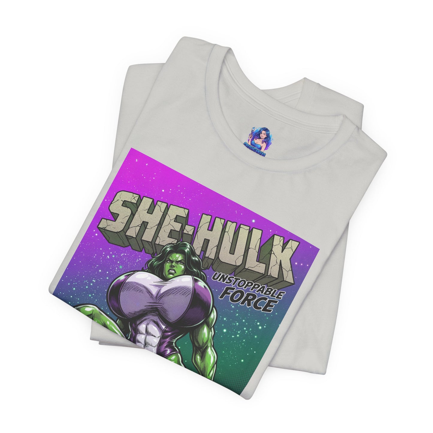 She-Hulk T-Shirt | Marvel Comic Heroine Anime Tee showing comic-style She-Hulk illustration on Bella Canvas tee