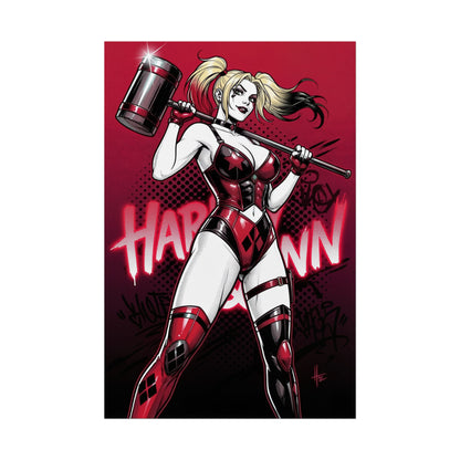 Harley Quinn Poster / Harley Quinn Wall Art / Harley Quinn Art Print / DC Comics Poster – bold Harley Quinn holding hammer in red and black comic-style print