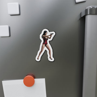 Alt Tag: Ada Wong Magnet – Resident Evil Character Fridge Magnet, Anime Game Decor sticker on grey fridge showing die-cut vinyl Ada Wong aiming pistol