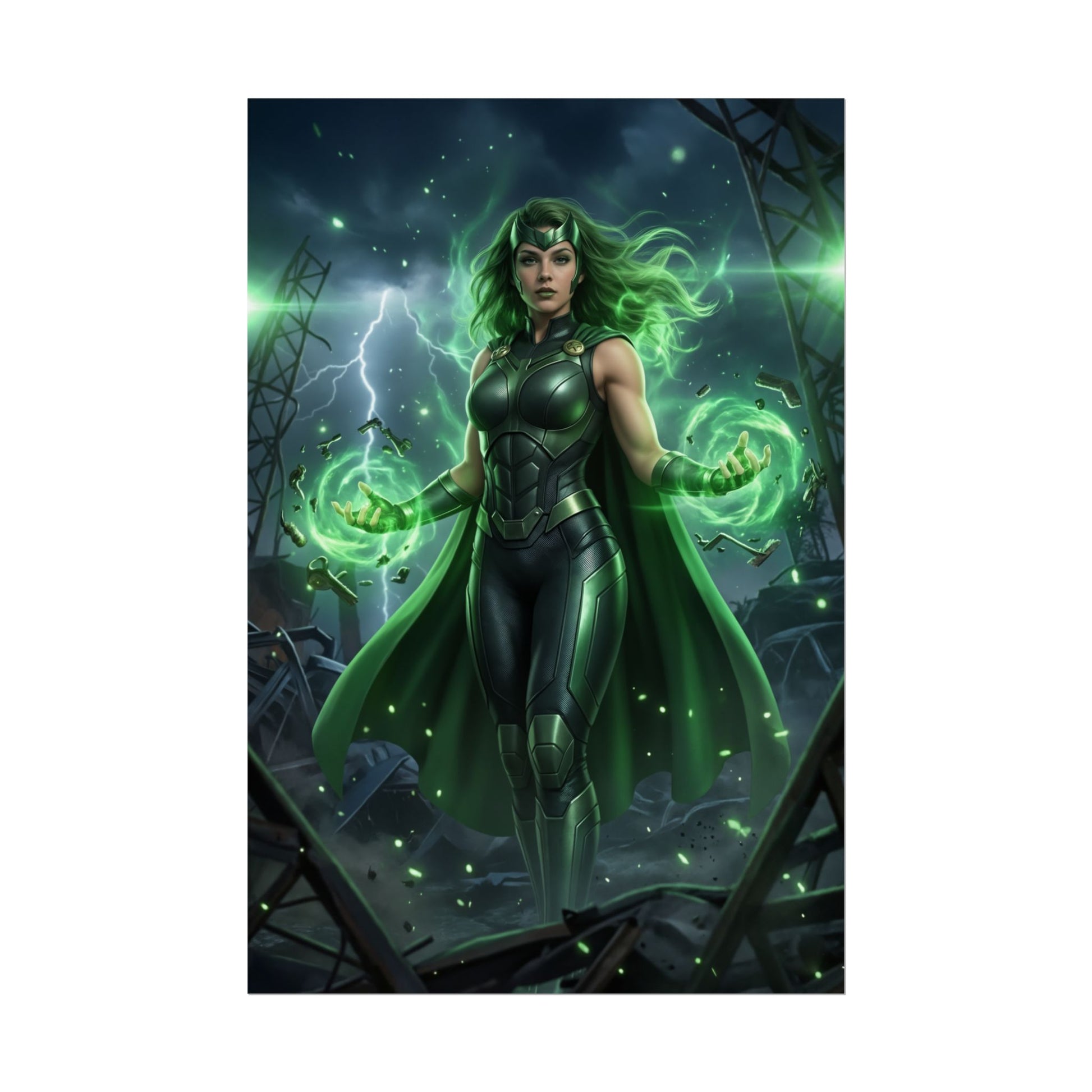 Polaris Poster, Marvel Art Print – Iconic Mutant Heroine Wall Art showcasing Polaris in green costume wielding magnetic energy over ruined city
