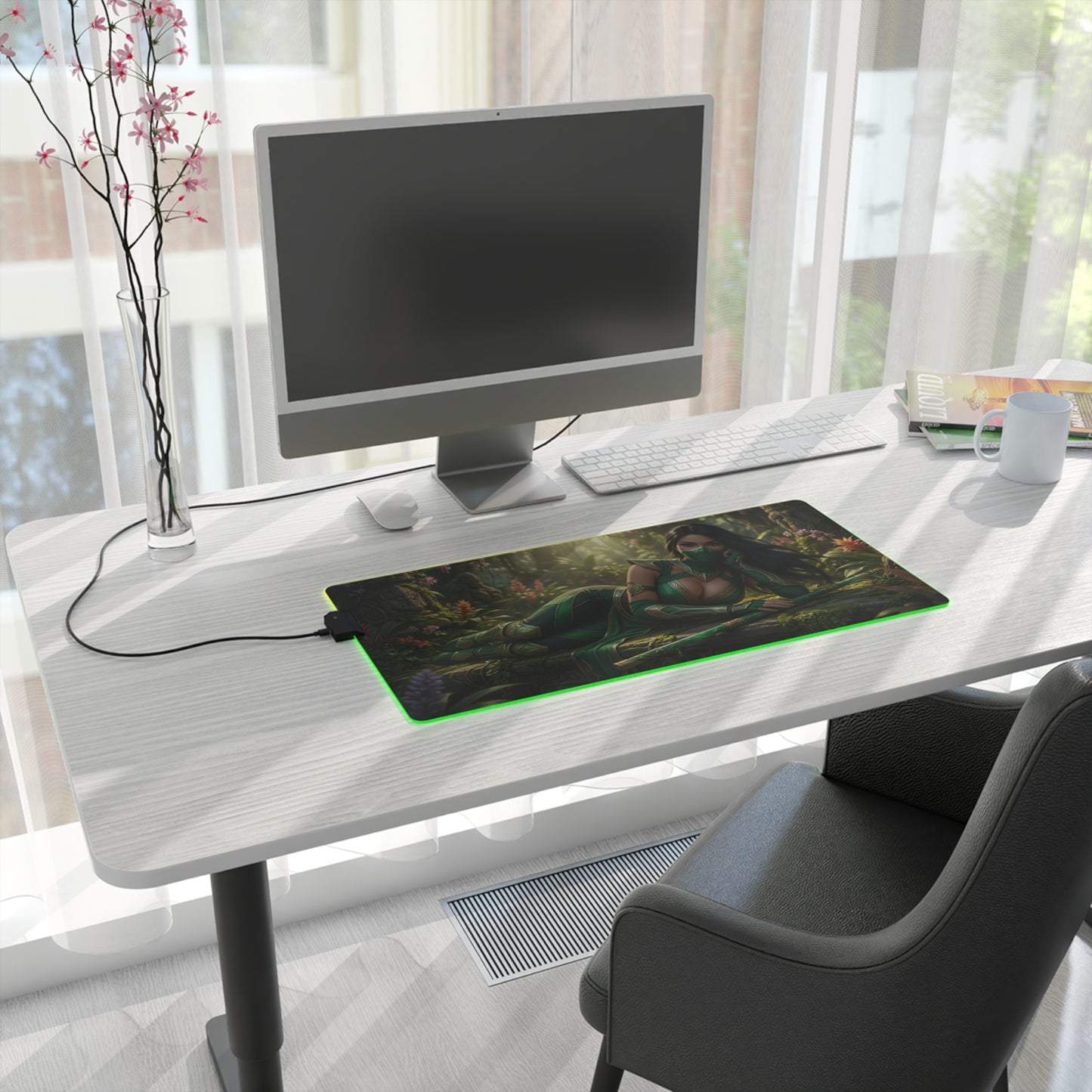 Jade Desk Mat – LED RGB Pad, Waifu Fighter Anime Girl Setup on modern white desk with green RGB glow and precision cloth surface