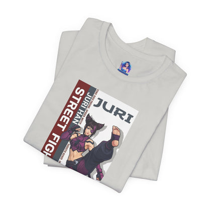 Juri Han T-Shirt | Street Fighter Anime Tee for Gamers & Fighting Game Fans folded Bella Canvas tee with bold Juri anime illustration