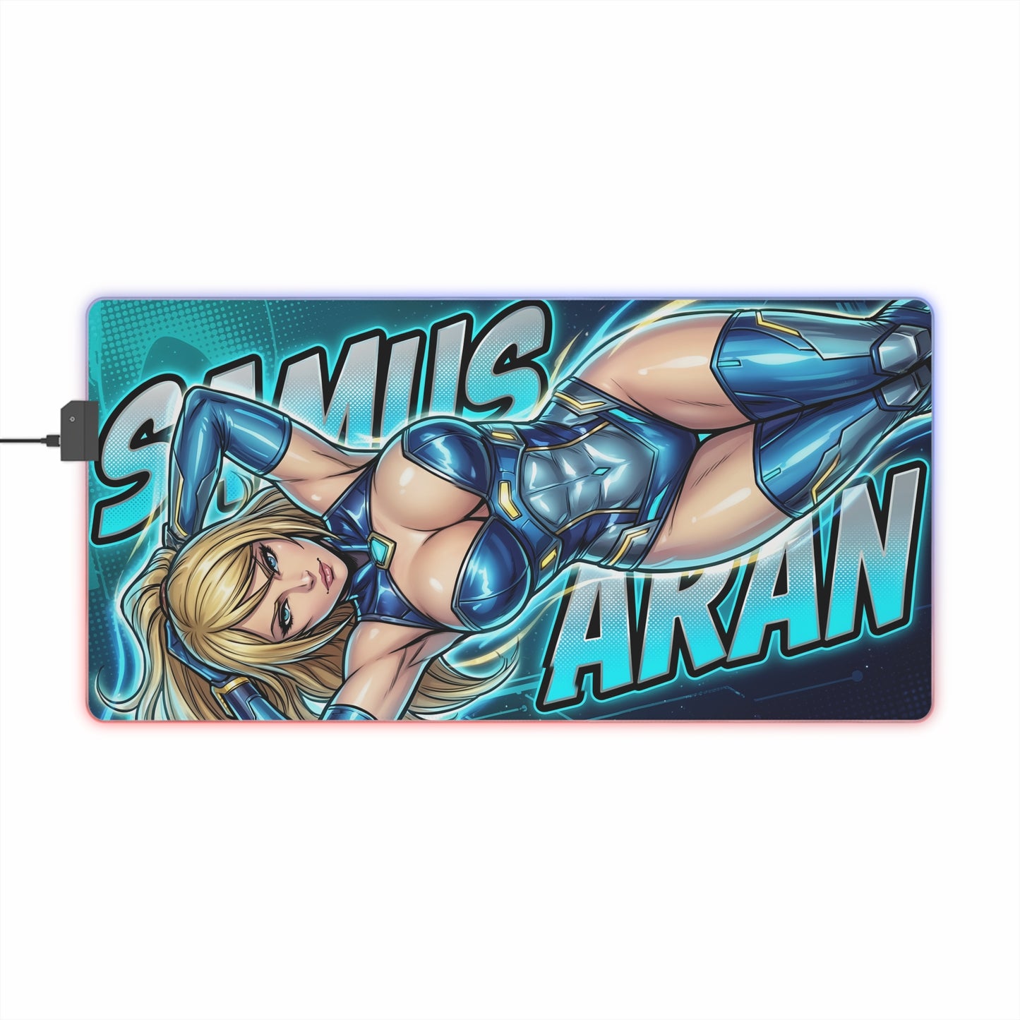 Samus Aran RGB Desk Mat, Sci-Fi Action Gaming Mouse Pad, LED Desk Mat for Gamer Setup featuring futuristic blue-armored character artwork and RGB edge lighting