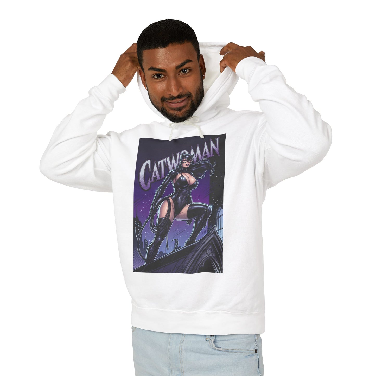 Catwoman Hoodie | DC Anti-Hero Hoodie | Gotham Thief Pullover model wearing white Catwoman graphic pullover, soft 100% ring-spun cotton streetwear