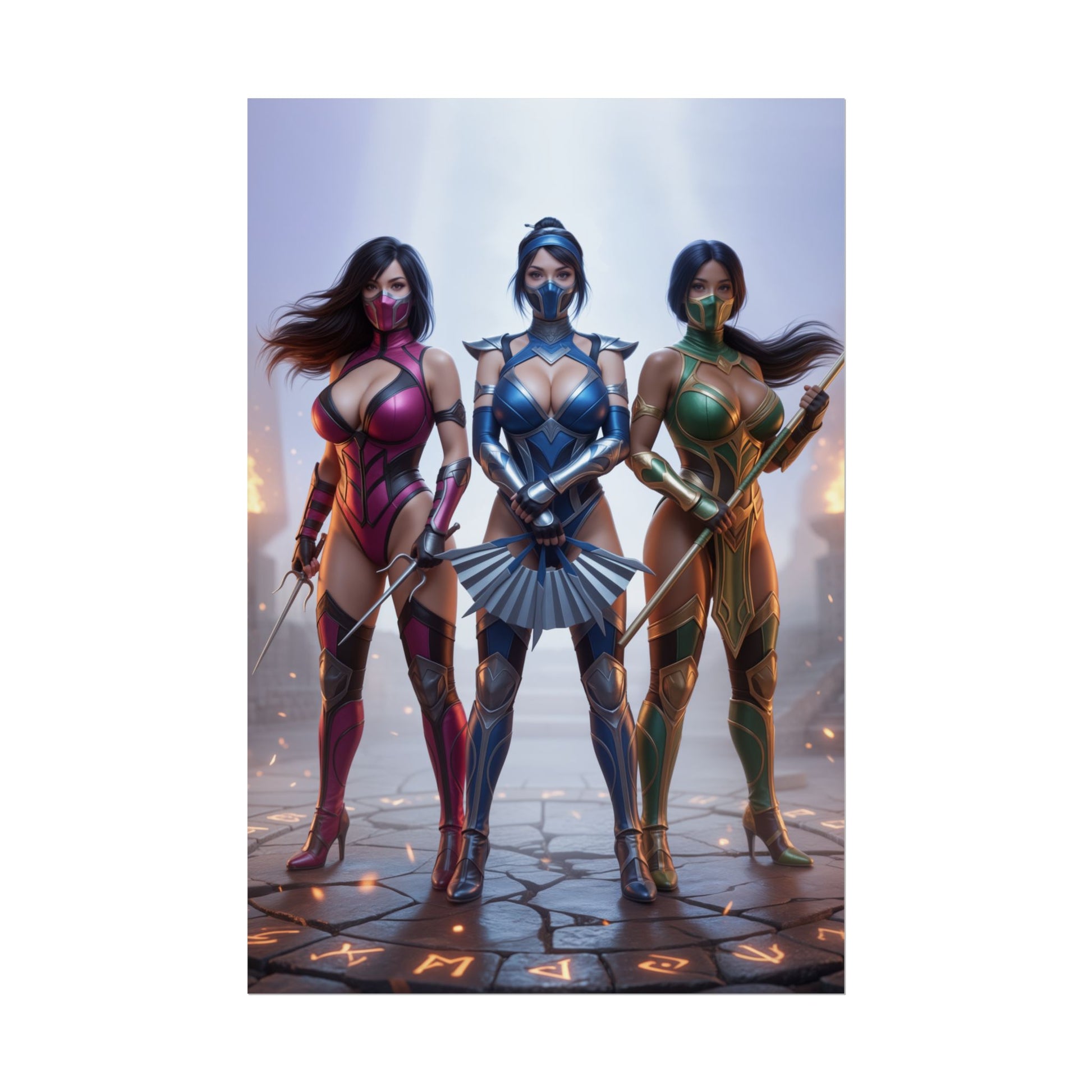 Kitana Mileena Jade Poster, Mortal Kombat Art Print – Fighter Wall Art featuring trio of female fighters in colorful armor for gamer room decor