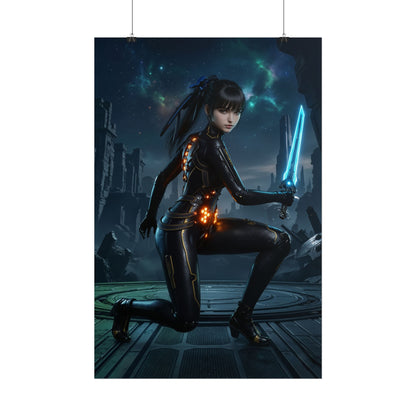 EVE Poster, Stellar Blade Art Print, Legendary Android Warrior - sleek android warrior kneeling with glowing blue blade in futuristic sci‑fi environment