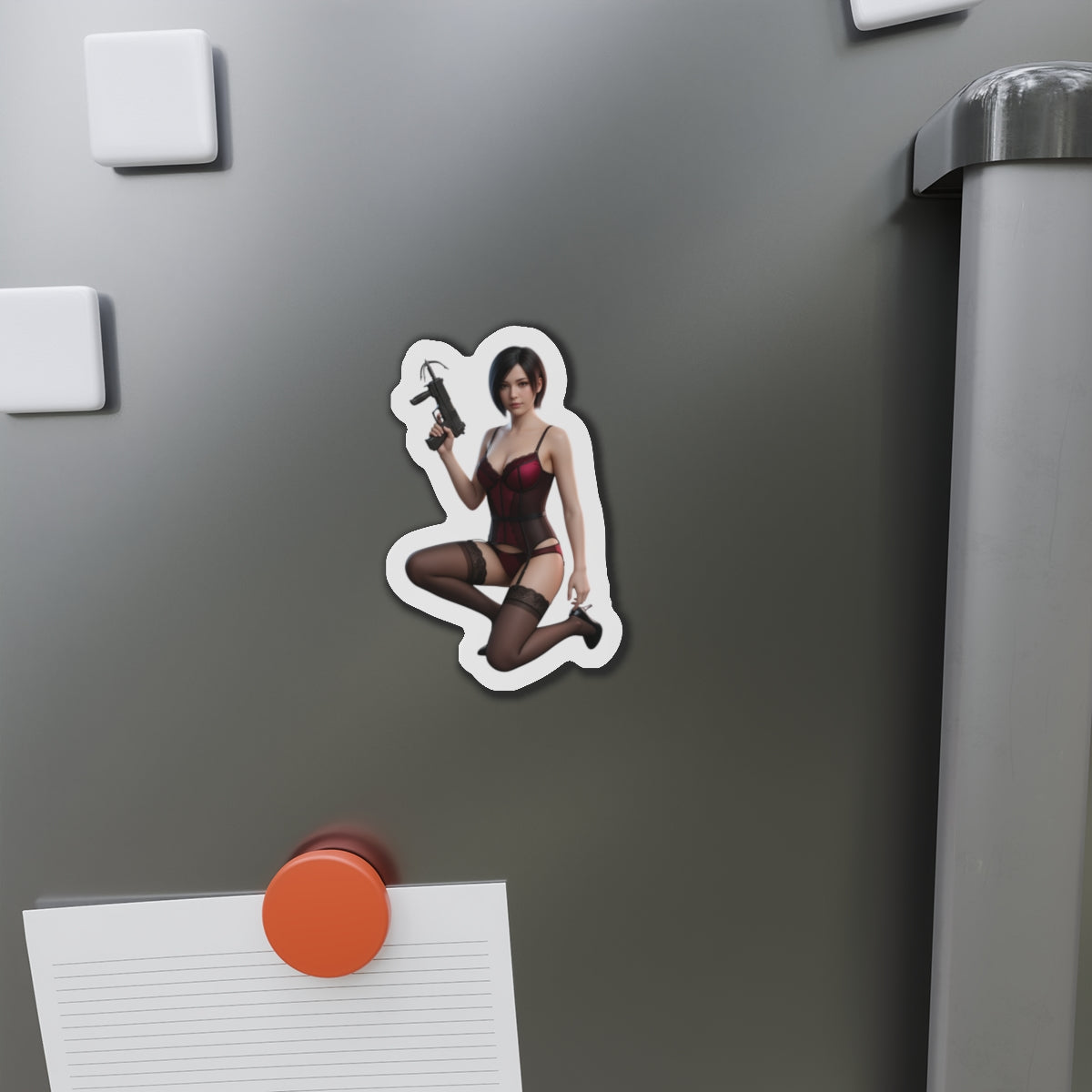 Ada Wong Magnet – Resident Evil Anime Heroine Fridge Magnet, Game Decor premium die-cut vinyl fridge magnet showing anime-style Ada Wong with gun on gray fridge