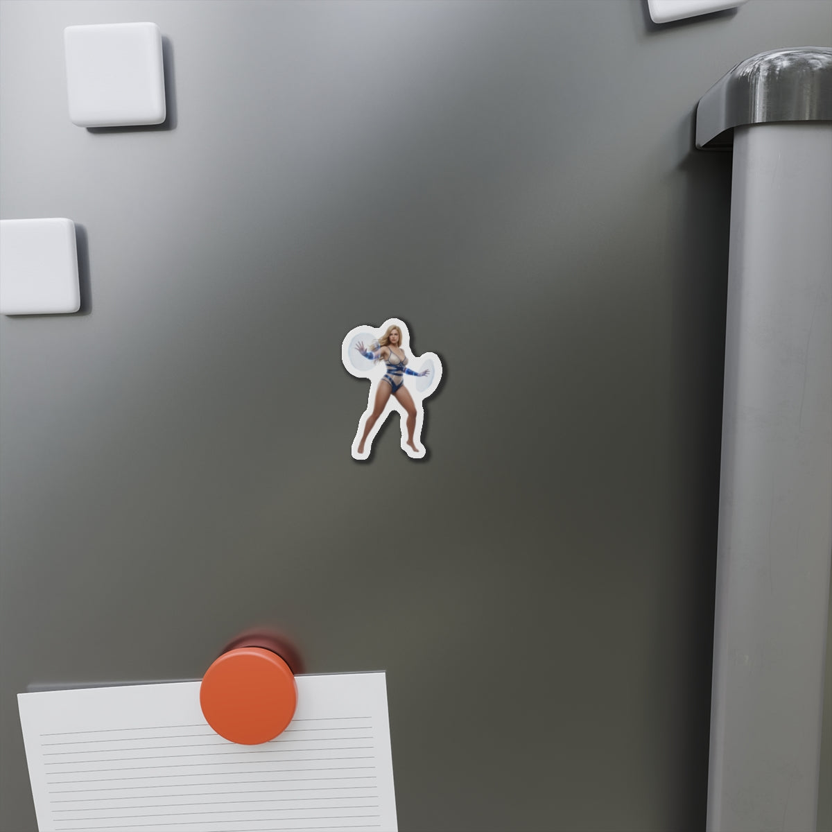 Invisible Woman Magnet – Marvel Heroine Fridge Magnet, Anime Style Decor die-cut vinyl on stainless fridge showcasing anime-style Invisible Woman collectible magnet