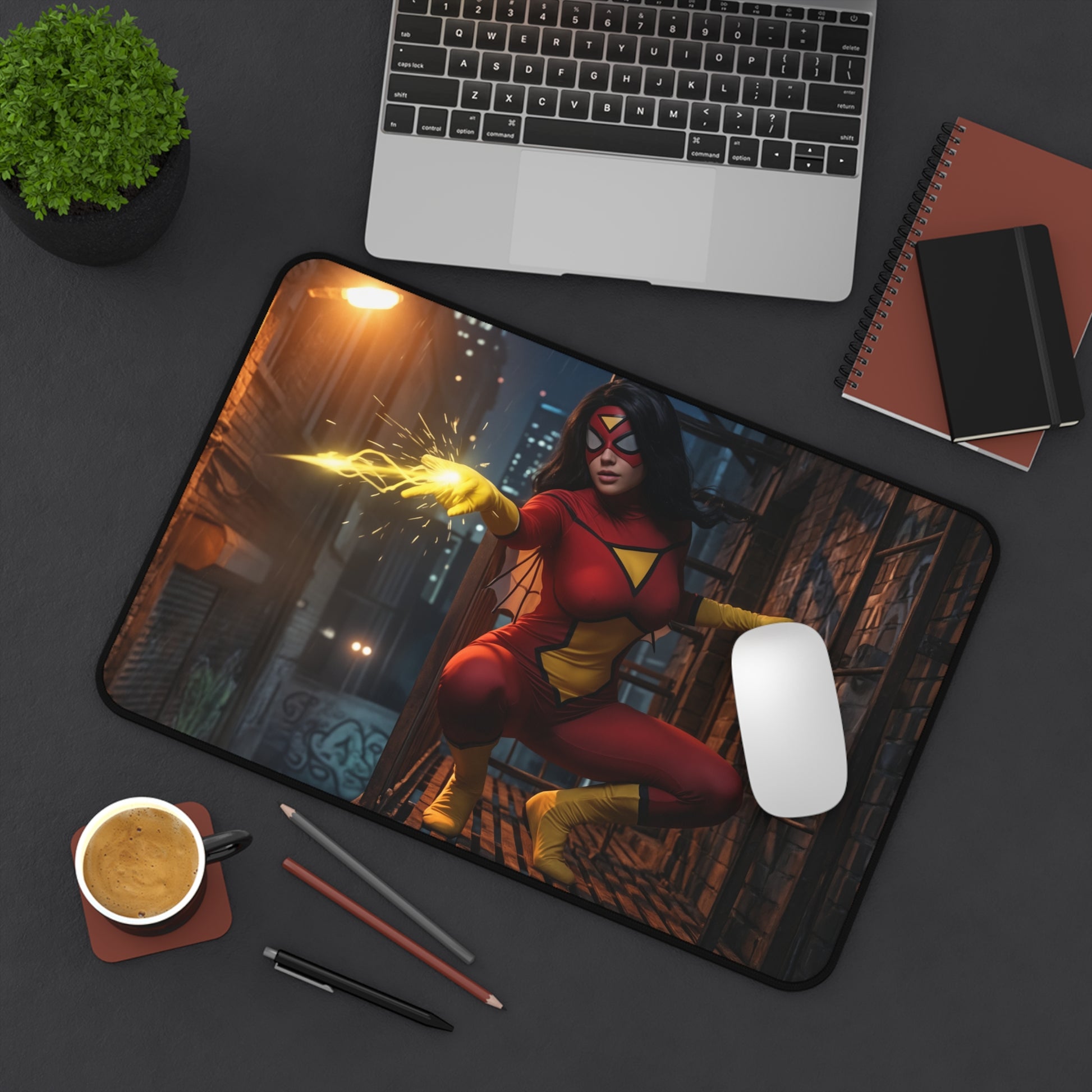 Spider-Woman Gaming Mouse Pad, Superhero Desk Mat, Comic Heroine Desk Setup — dynamic cityscape artwork on a premium gaming mouse pad