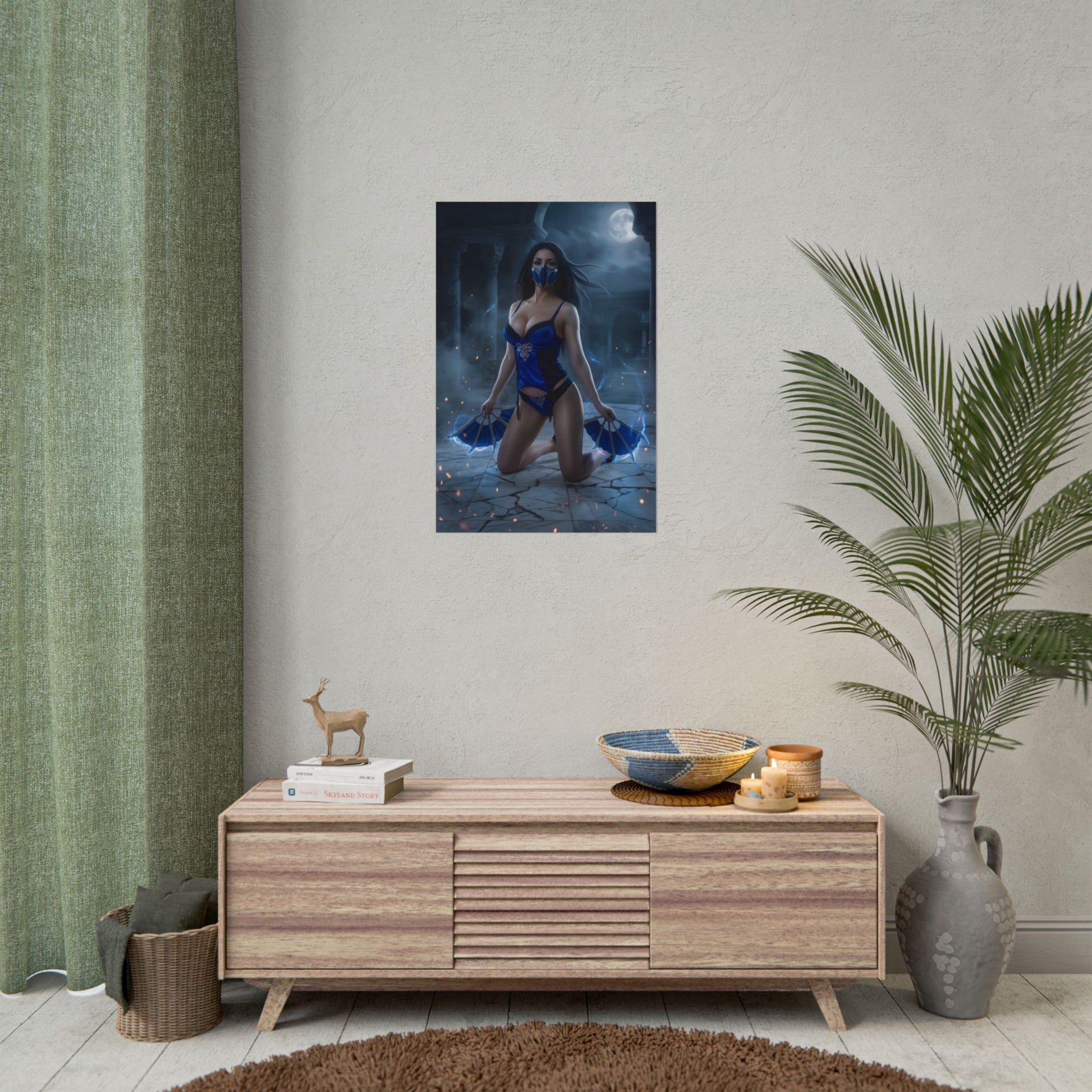 Kitana Poster / Kitana Wall Art / Kitana Art Print / Mortal Kombat Poster - Kitana kneeling in moonlit temple with blue energy, cinematic fantasy wall art