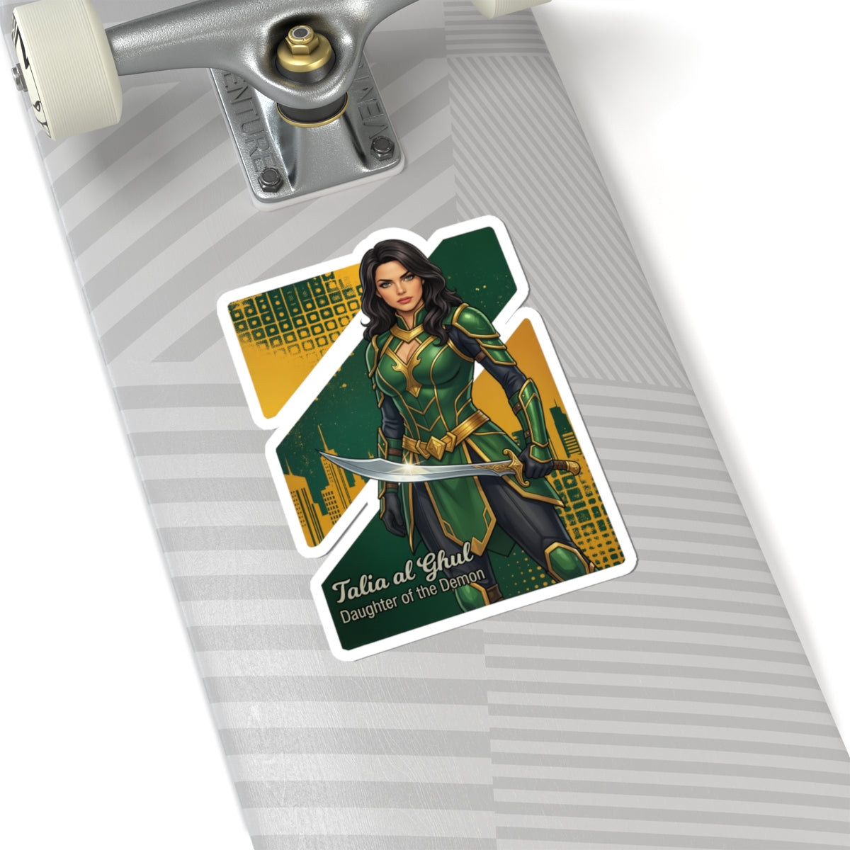 Talia al Ghul Sticker – Comic Villain Vinyl Sticker for Laptops & Indoor Decor on skateboard showing dark elegant comic-style artwork, glossy durable vinyl