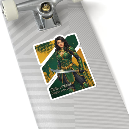 Talia al Ghul Sticker – Comic Villain Vinyl Sticker for Laptops & Indoor Decor on skateboard showing dark elegant comic-style artwork, glossy durable vinyl